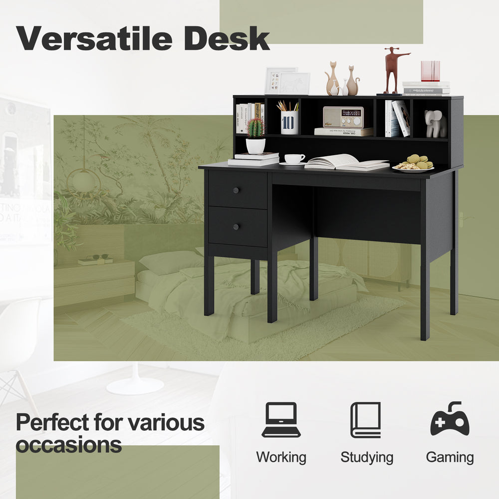 48-inch black computer desk with storage hutch and drawers, ideal for working, studying, or gaming.