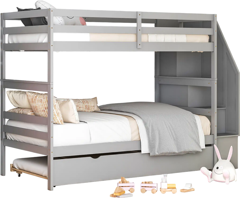 Gray wood bunk bed with guard rail, twin beds, and 4-step storage stairs for kids' rooms.