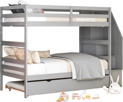 Costway Wood Bunk Bed w/ Guard Rail & 4-Step Storage Stairs Gray 26479583 New