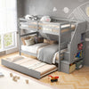 Gray wood bunk bed with guard rail, twin beds, trundle, and 4-step storage stairs for space-saving solutions.