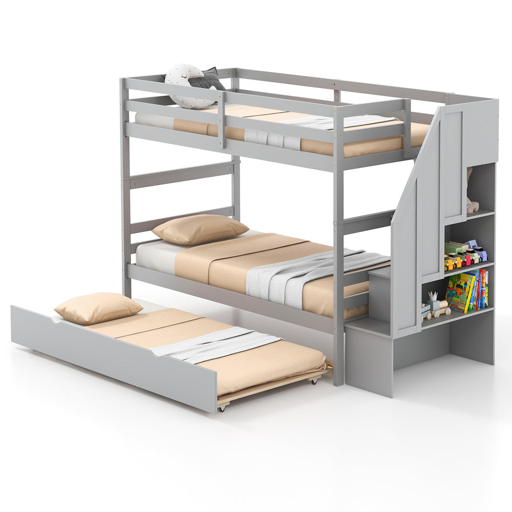 Gray wood bunk bed featuring twin upper and lower beds, trundle, and 4-step storage stairs for space-saving solutions.