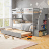 Gray wood bunk bed with guard rail, twin beds, trundle, and 4-step storage stairs for kids' rooms.