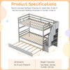 Gray wood bunk bed with guard rail, 4-step storage stairs, and trundle, designed for space-saving and durability.