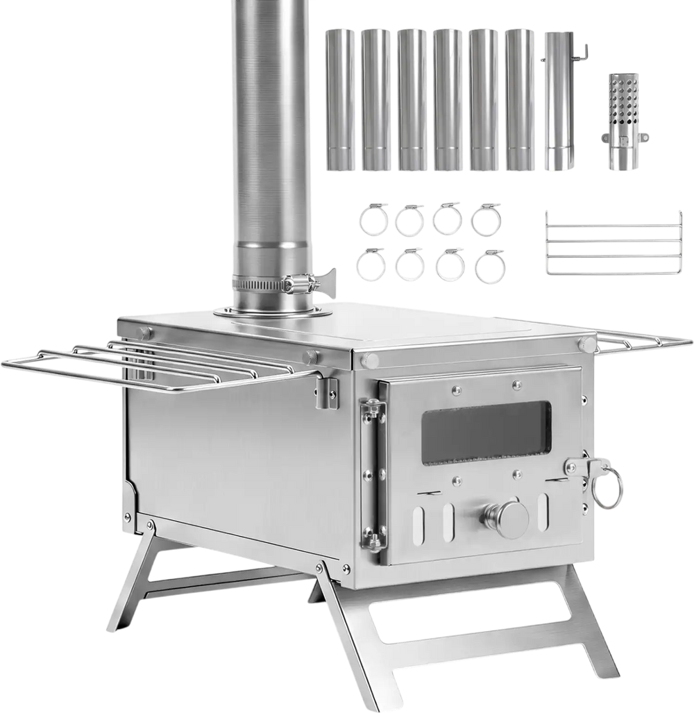 Portable wood burning stove in silver with 7 chimney pipes, designed for efficient heating and cooking in outdoor tents.