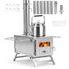 Portable wood burning stove in silver with 7 chimney pipes, designed for efficient heating and cooking in hot tents.