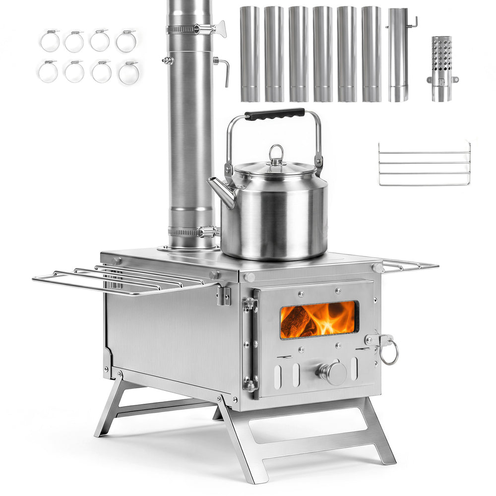 Portable wood burning stove in silver with 7 chimney pipes, designed for efficient heating and cooking in hot tents.