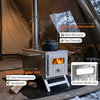 Portable wood burning stove made of heavy-duty stainless steel with heat-resistant glass, ideal for outdoor cooking and heating.