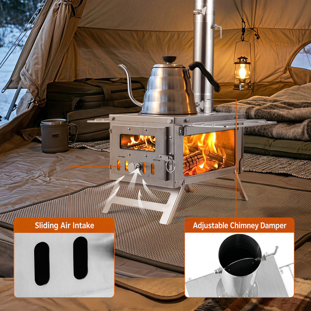 Portable wood burning stove with adjustable chimney damper and sliding air intake, designed for outdoor hot tents.