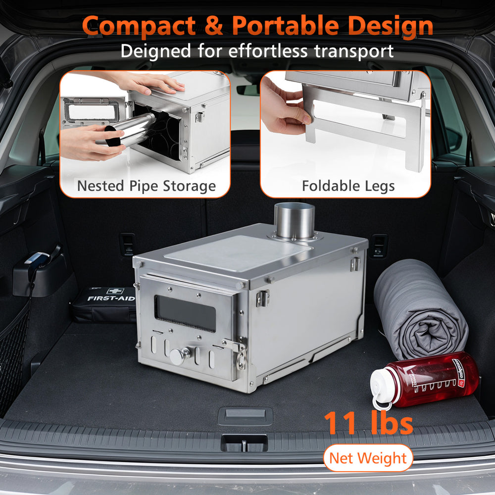 Portable wood burning stove with nested pipe storage and foldable legs, designed for effortless transport in outdoor settings.