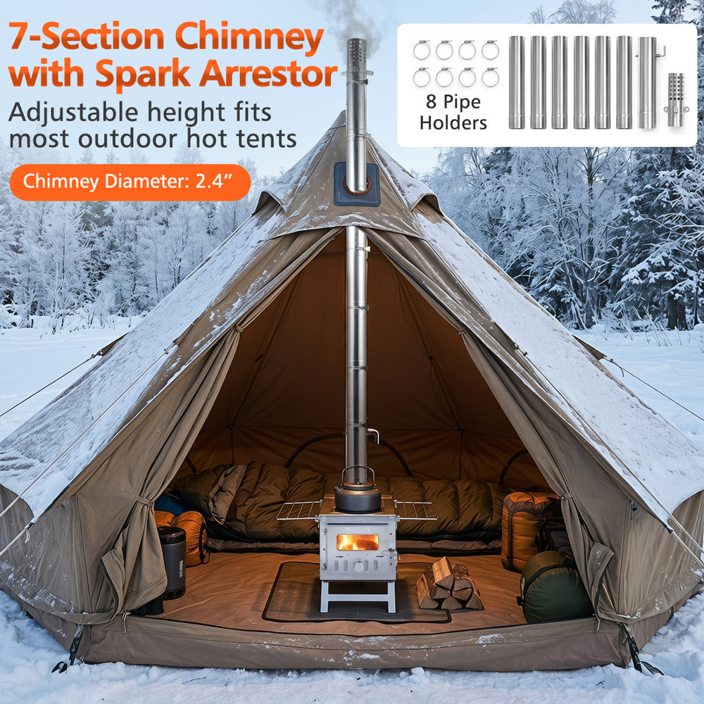 Portable wood burning stove with 7-section chimney and spark arrestor, designed for outdoor hot tents and efficient heating.