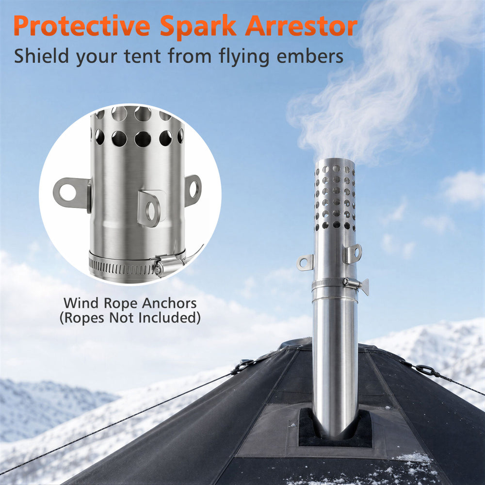 Protective spark arrestor for the Hot Tent Stove, designed to shield your tent from flying embers during use.