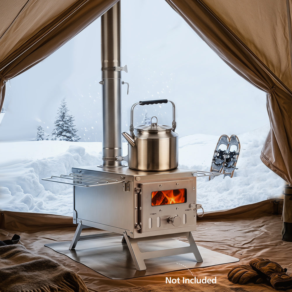 Portable wood burning stove with stainless steel construction, adjustable chimney, and flat top for outdoor cooking.