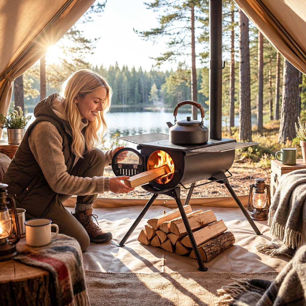 Hot tent stove with chimney pipes, carbon steel construction, and foldable legs for outdoor heating and cooking.