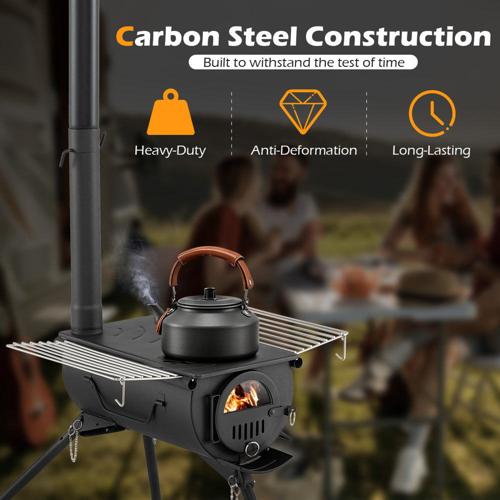 Hot tent stove with chimney pipes, carbon steel construction, foldable legs, ideal for outdoor heating and cooking.