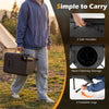 Hot tent stove with foldable legs and chimney pipes, featuring side handles for easy transport and outdoor heating.