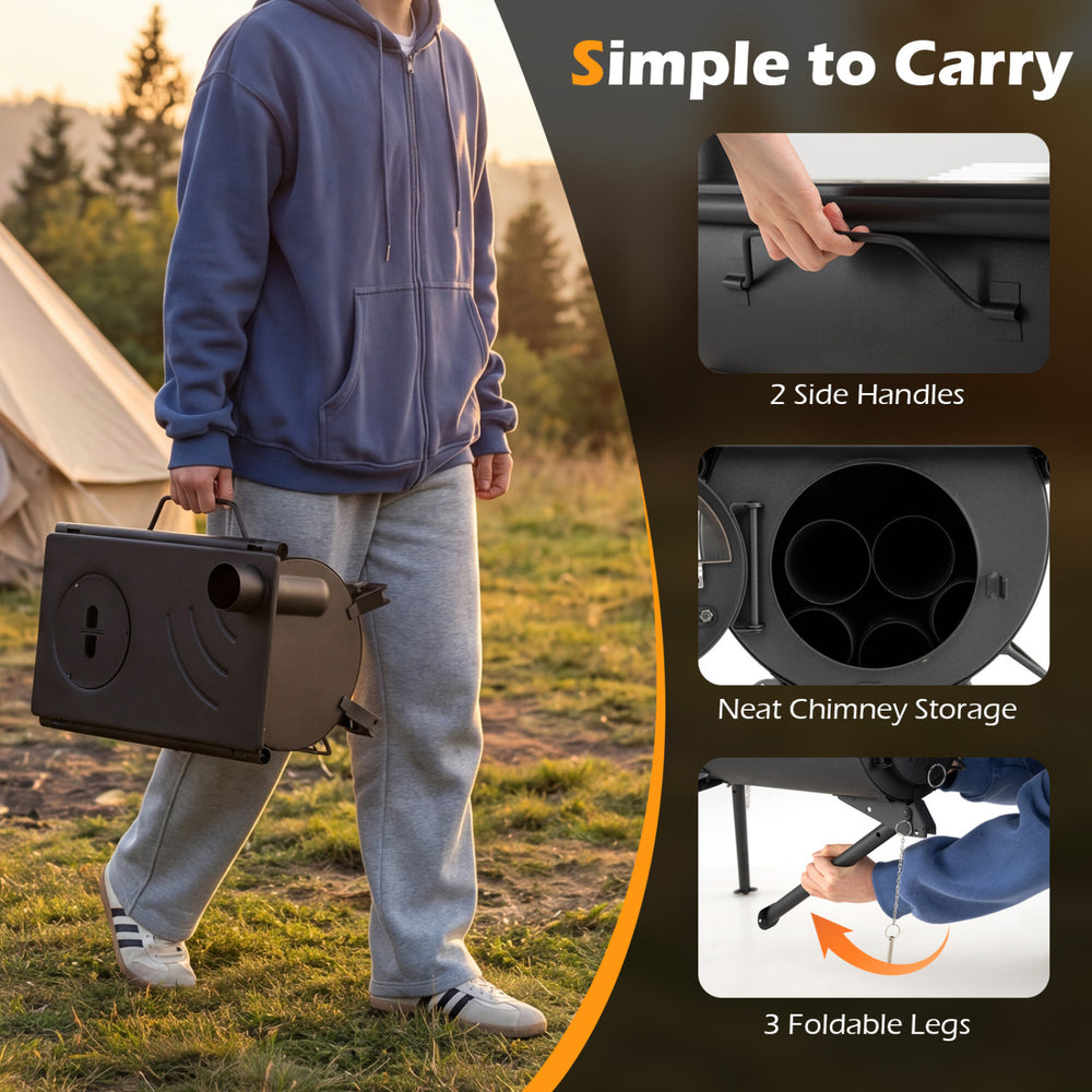 Hot tent stove with foldable legs and chimney pipes, featuring side handles for easy transport and outdoor heating.