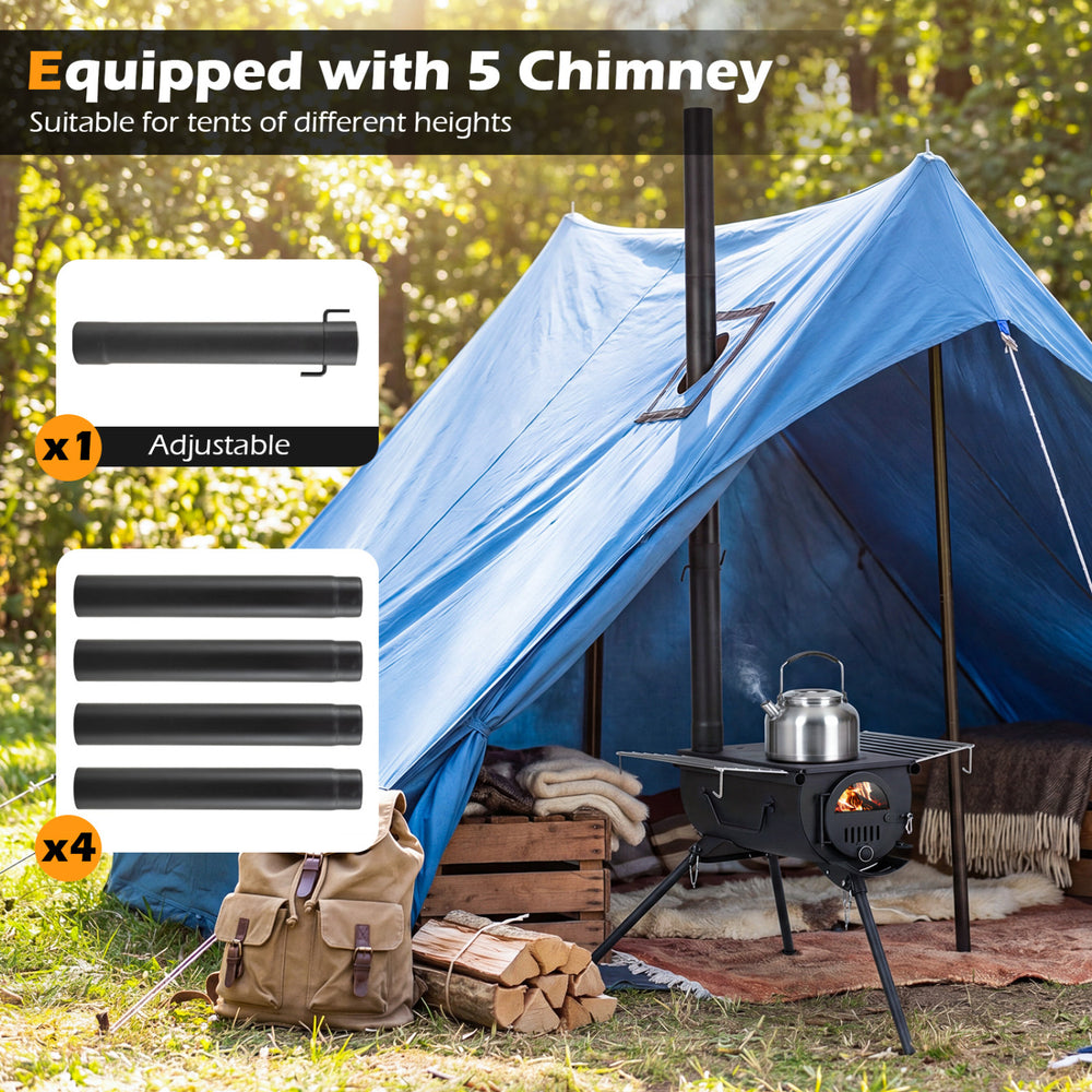 Hot tent stove with adjustable chimney pipes, foldable legs, and a transparent viewing window for outdoor heating.