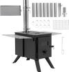 Hot tent stove with ash tray, 8.4 ft wood burning design, includes 8 chimney pipes and spark arrestor for outdoor use.