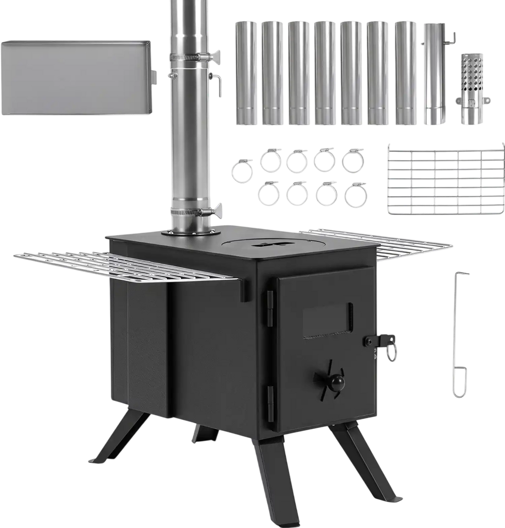 Hot tent stove with ash tray, 8.4 ft wood burning design, includes 8 chimney pipes and spark arrestor for outdoor use.