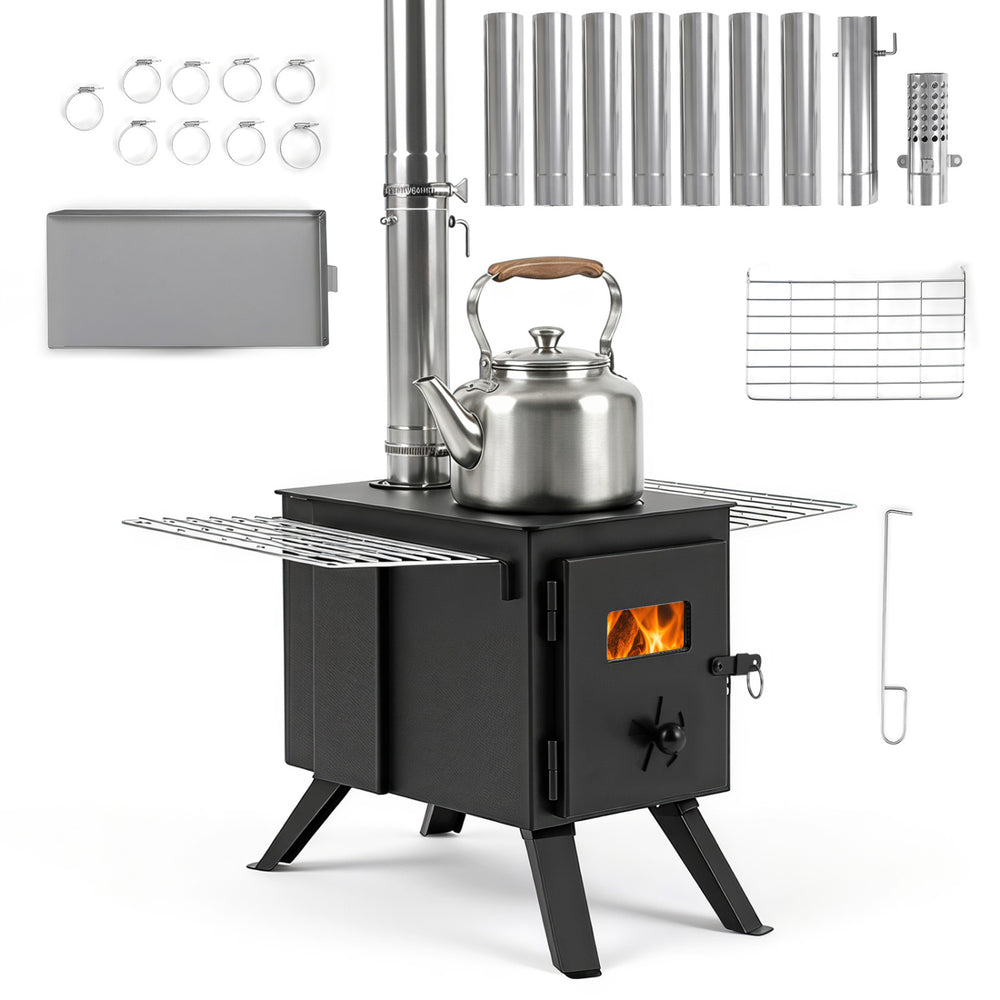 Hot tent stove with ash tray, 8.4 ft wood burning design, includes 8 chimney pipes and spark arrestor for camping use.