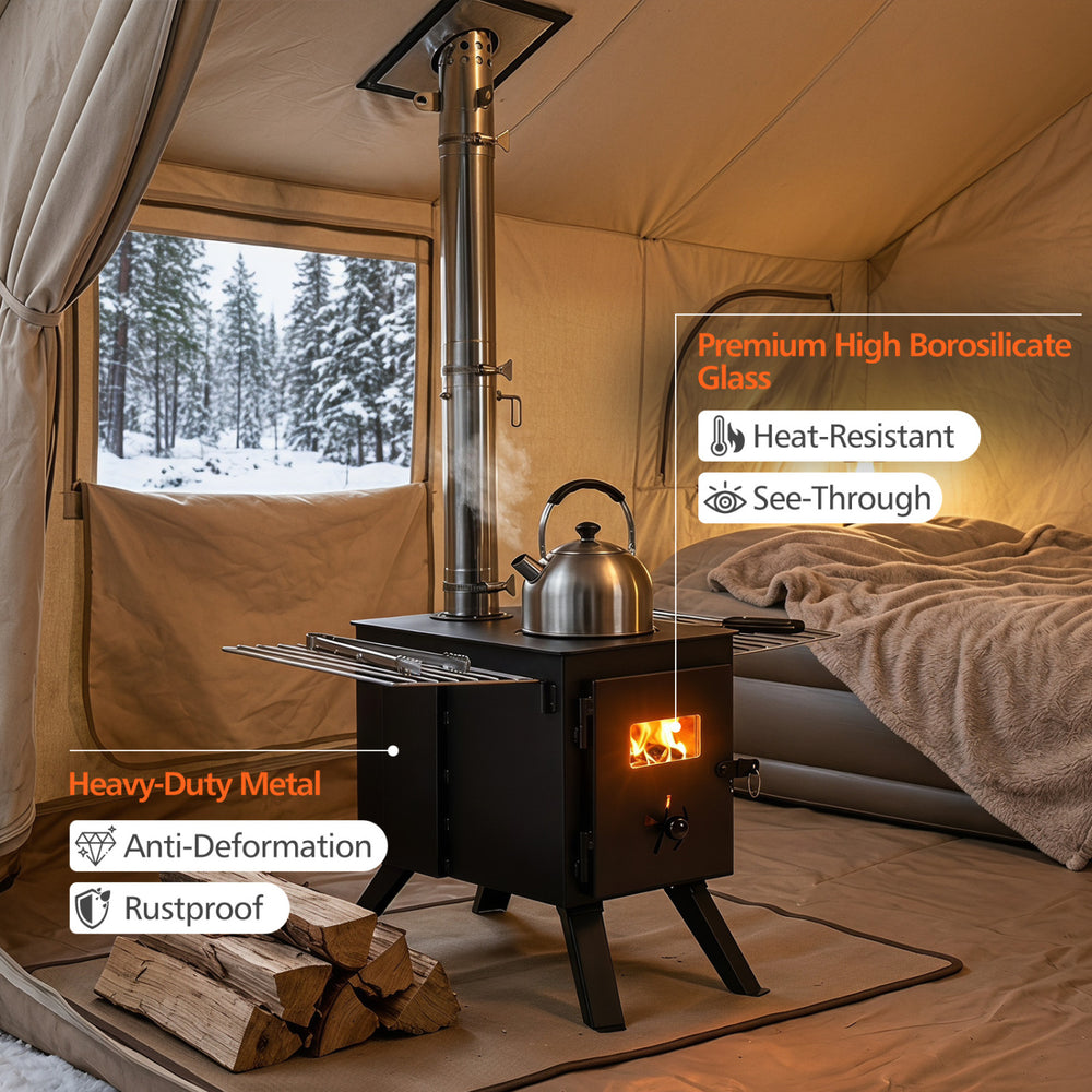Hot tent stove with high borosilicate glass, heavy-duty metal, and adjustable chimney for efficient wood burning.