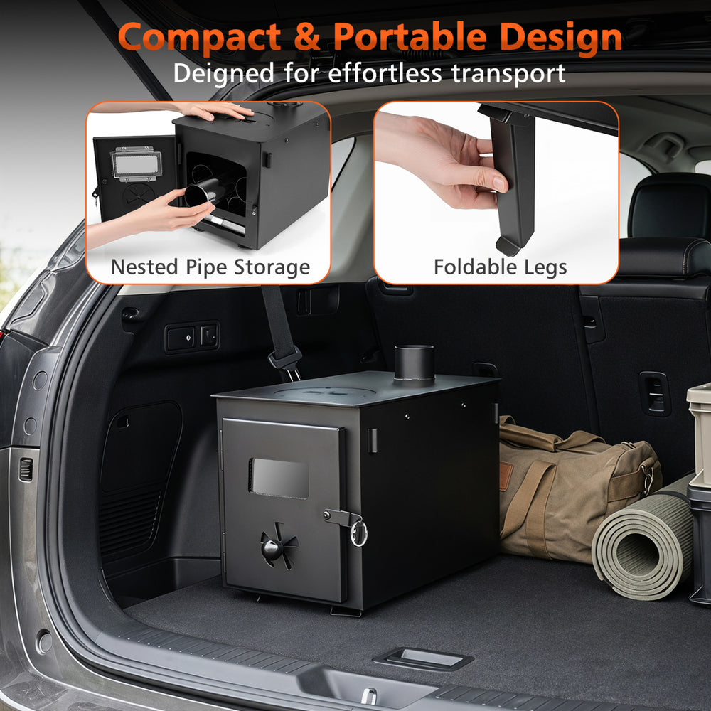 Hot tent stove with a compact design, featuring foldable legs and nested pipe storage for easy transport and setup.