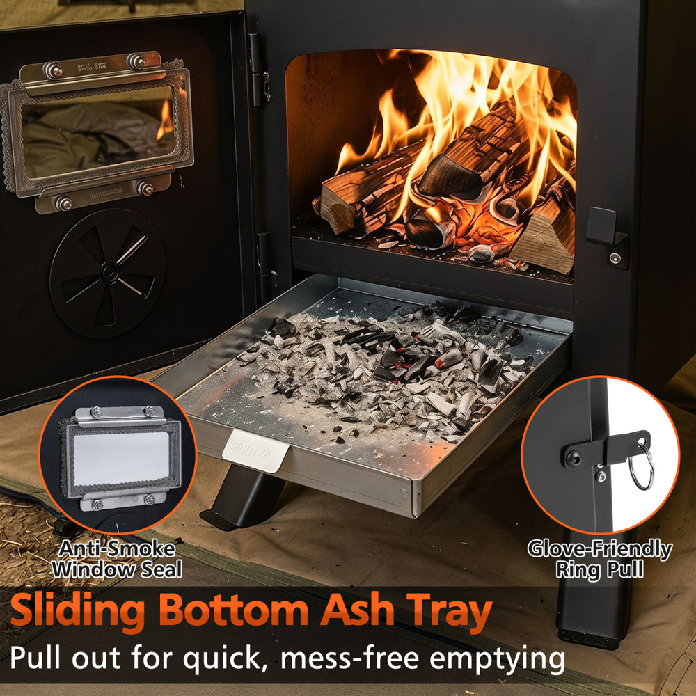 Sliding bottom ash tray of the Hot Tent Stove allows for quick, mess-free emptying and features a glove-friendly ring pull.