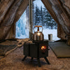 Compact black hot tent stove with adjustable chimney, designed for efficient wood burning and cooking in outdoor settings.