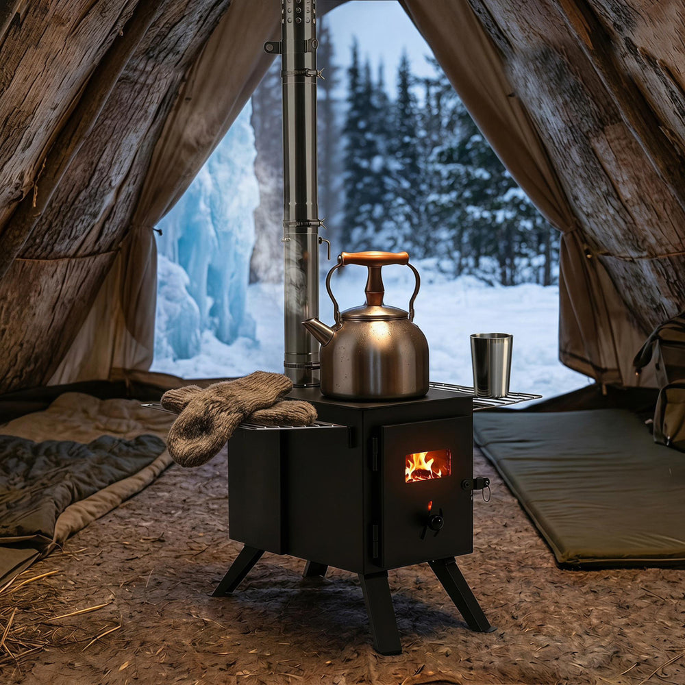 Compact black hot tent stove with adjustable chimney, designed for efficient wood burning and cooking in outdoor settings.
