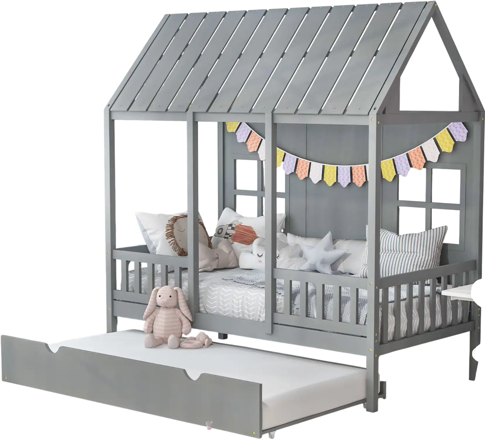 Costway Twin House Bed Frame w/ Trundle Gray 36294578 New