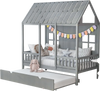 Twin size house bed frame in gray with spacious trundle, safe fence rails, and playful roof design for children's rooms.