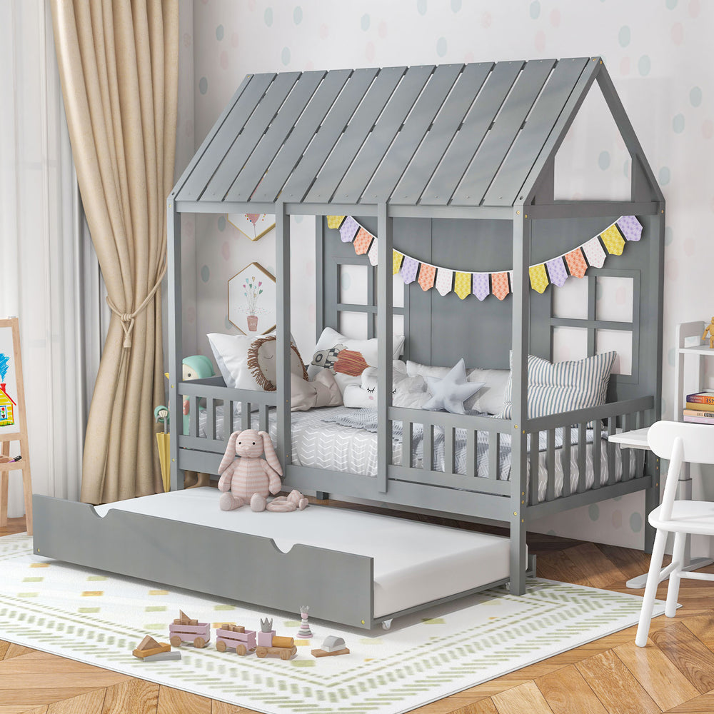 Twin Size Bed Frame House Bed with Trundle and 82 Inch Tall Roof-Gray - Gallery View 1 of 9