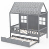 Twin size house bed frame in gray with trundle, featuring a charming roof and windows for kids' rooms.