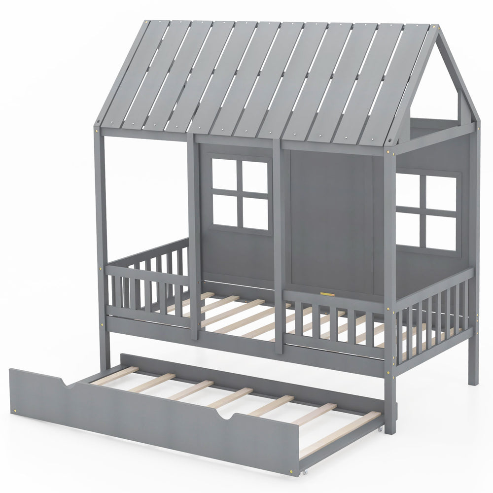 Twin size house bed frame in gray with trundle, featuring a charming roof and windows for kids' rooms.