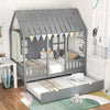 Twin size gray house bed frame with a trundle, designed for fun and cozy sleep, featuring charming roof and window.