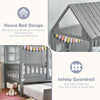 Twin size house bed frame in gray with roof, windows, and safety guardrail for a cozy kids' sleep and play area.