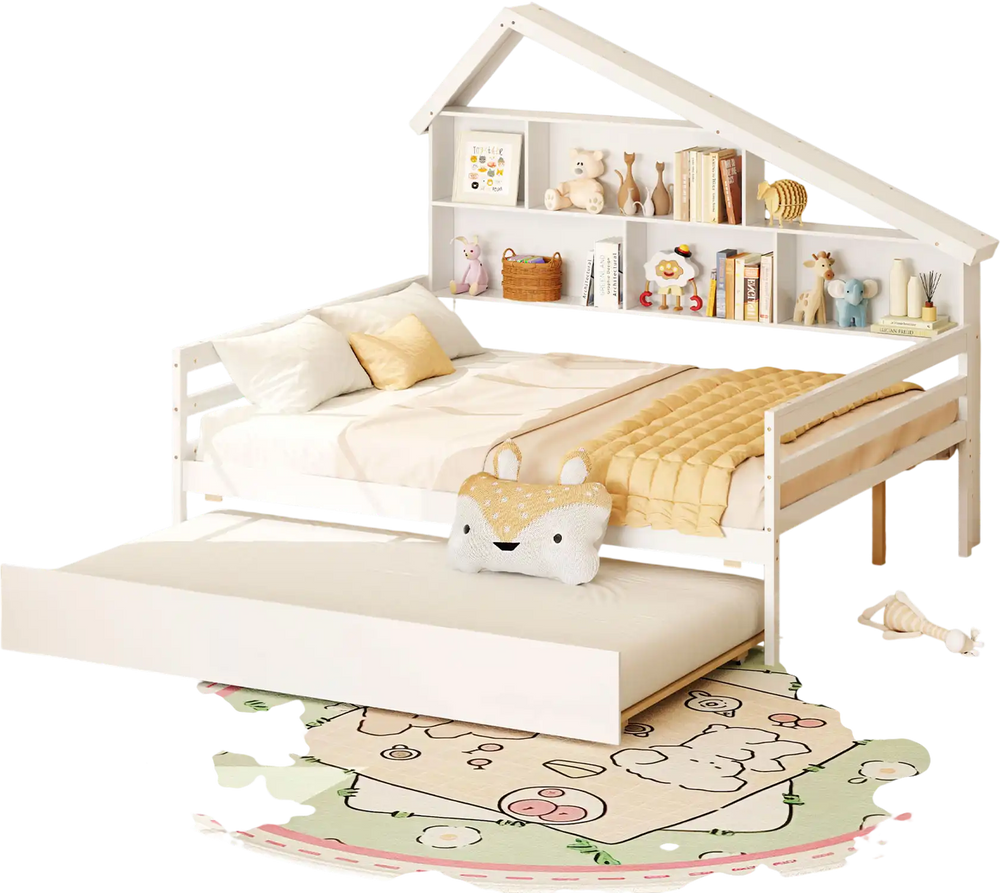 House-shaped daybed in white with twin size trundle, showcasing a cozy design and five storage cubes for toys and books.