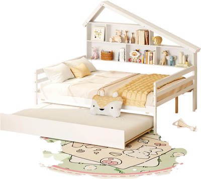 Costway House-Shaped Full Size Daybed Twin Trundle White 235986147 New