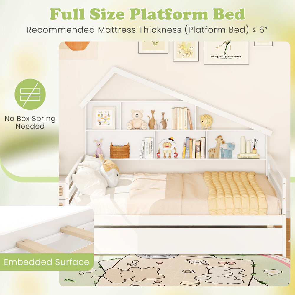 House-shaped full size daybed in white with twin size trundle, featuring solid wood structure and embedded surface for.