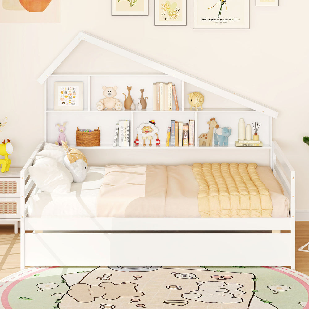 House-shaped full size daybed in white with twin size trundle and storage cubes, ideal for children's rooms.