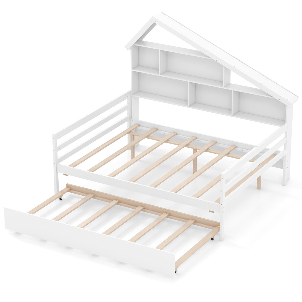 House-shaped full size daybed in white with twin size trundle and storage cubes, perfect for children's rooms.
