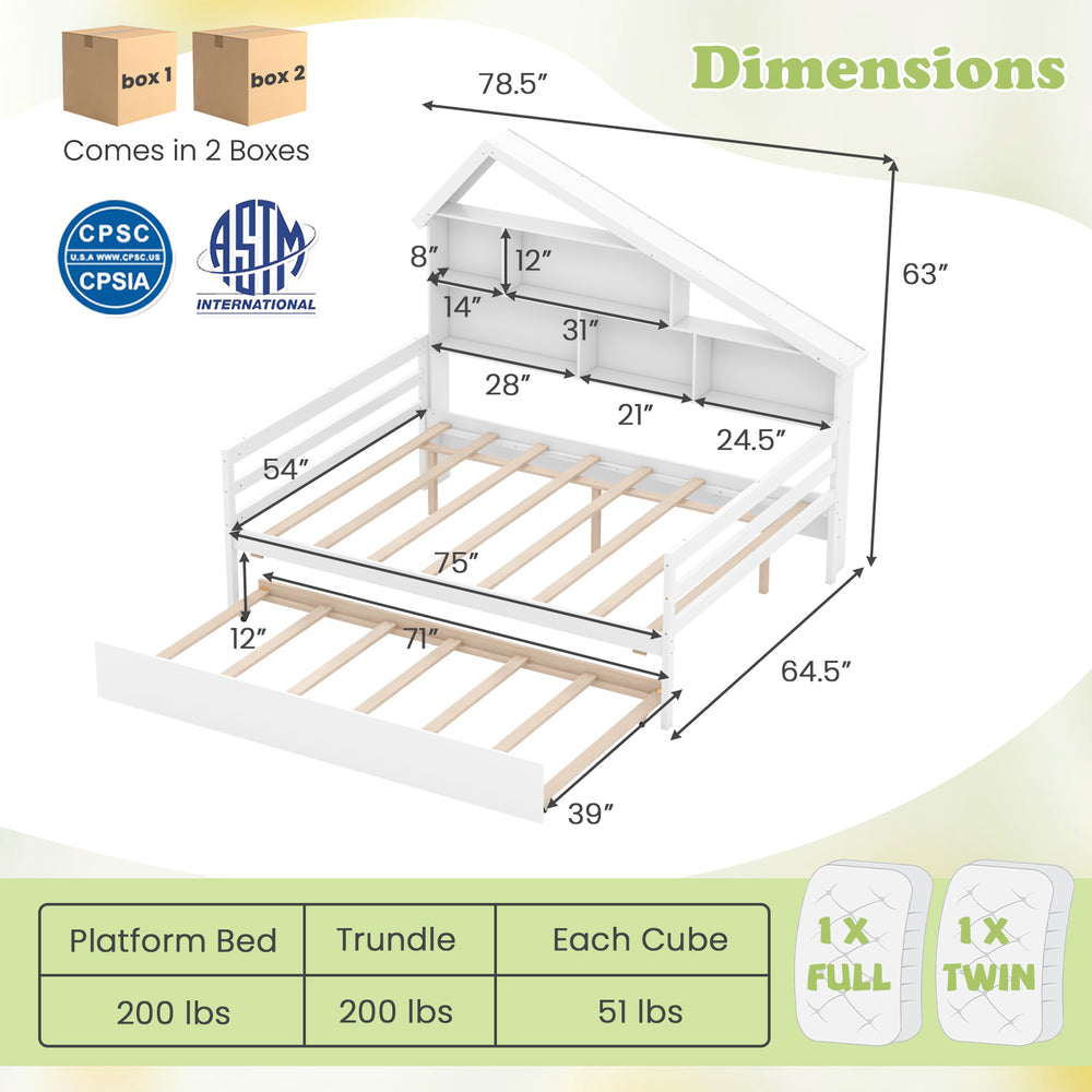 House-shaped full size daybed in white with twin trundle, featuring solid wood structure and 5 storage cubes for.