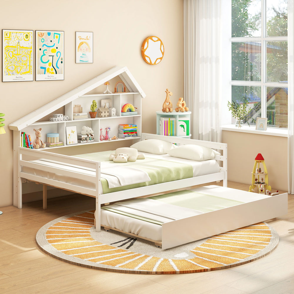 House-shaped full size daybed in white with twin trundle, featuring storage cubes and a sturdy wooden structure.