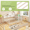 House-shaped full size daybed in white with twin size trundle, featuring solid wood structure and 15 plywood slats.