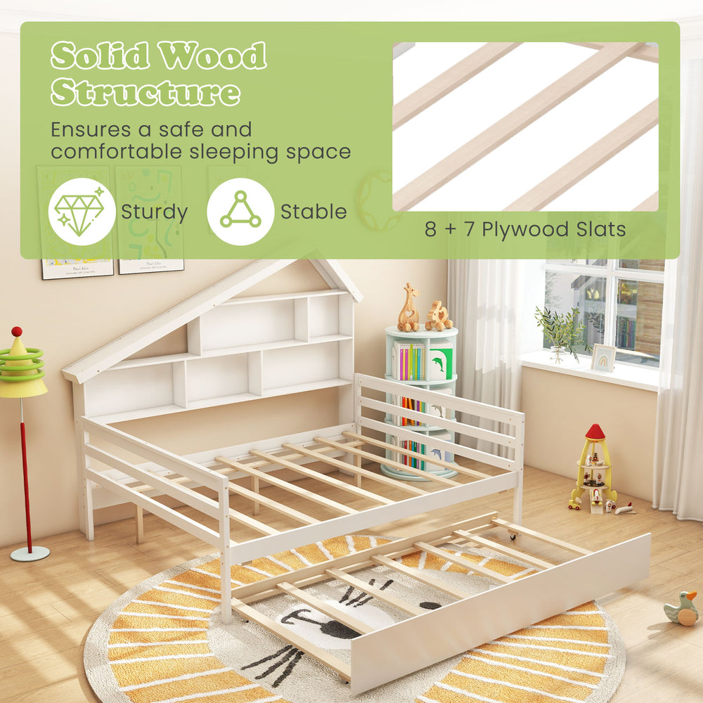 House-shaped full size daybed in white with twin size trundle, featuring solid wood structure and 15 plywood slats.