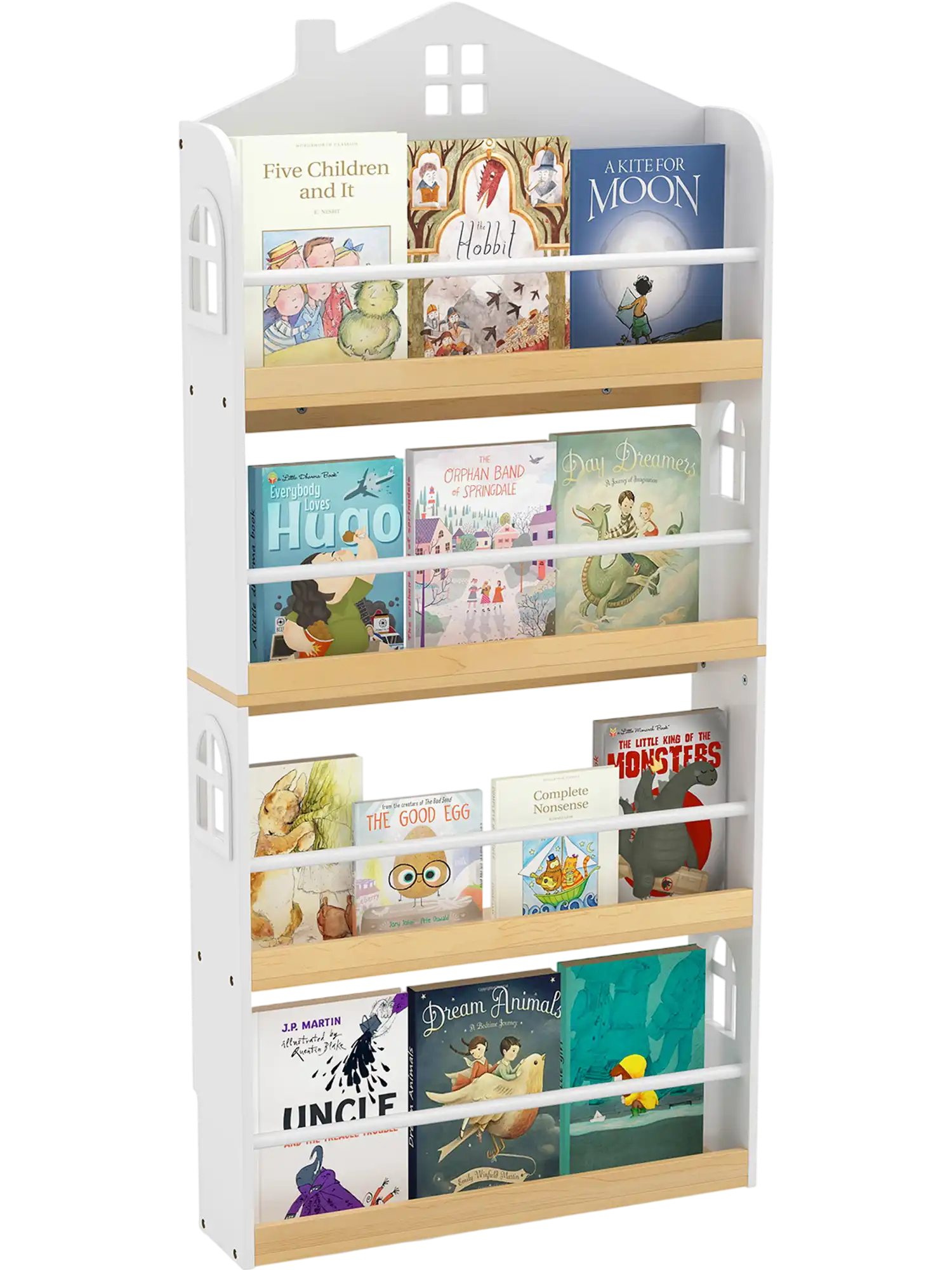 Costway House-Shaped Kids Bookshelf with Anti-Falling Baffles 13021057 New