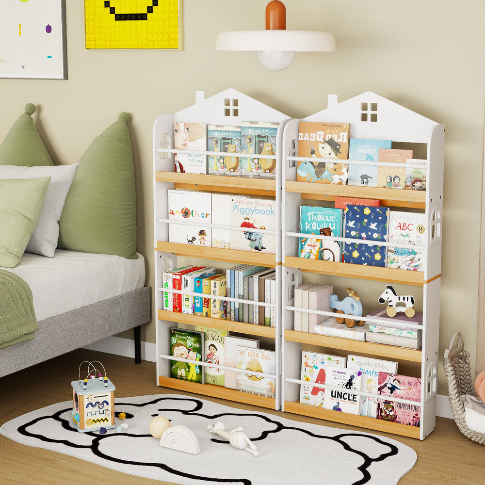 House-shaped kids bookshelf in white with 4 tiers, anti-falling baffles, ideal for playroom or nursery organization.