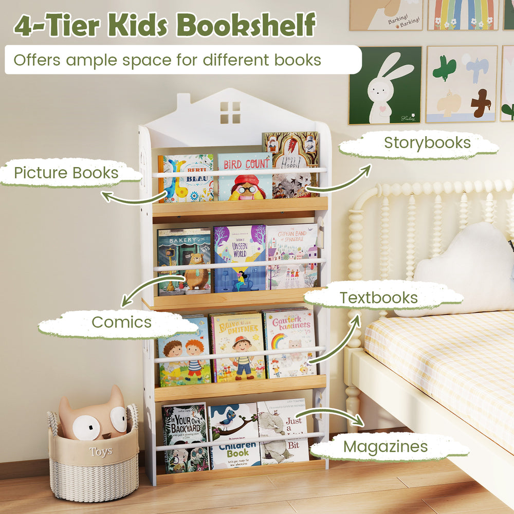 House-shaped kids bookshelf in white with 4 tiers, anti-falling baffles, ideal for organizing children's books.