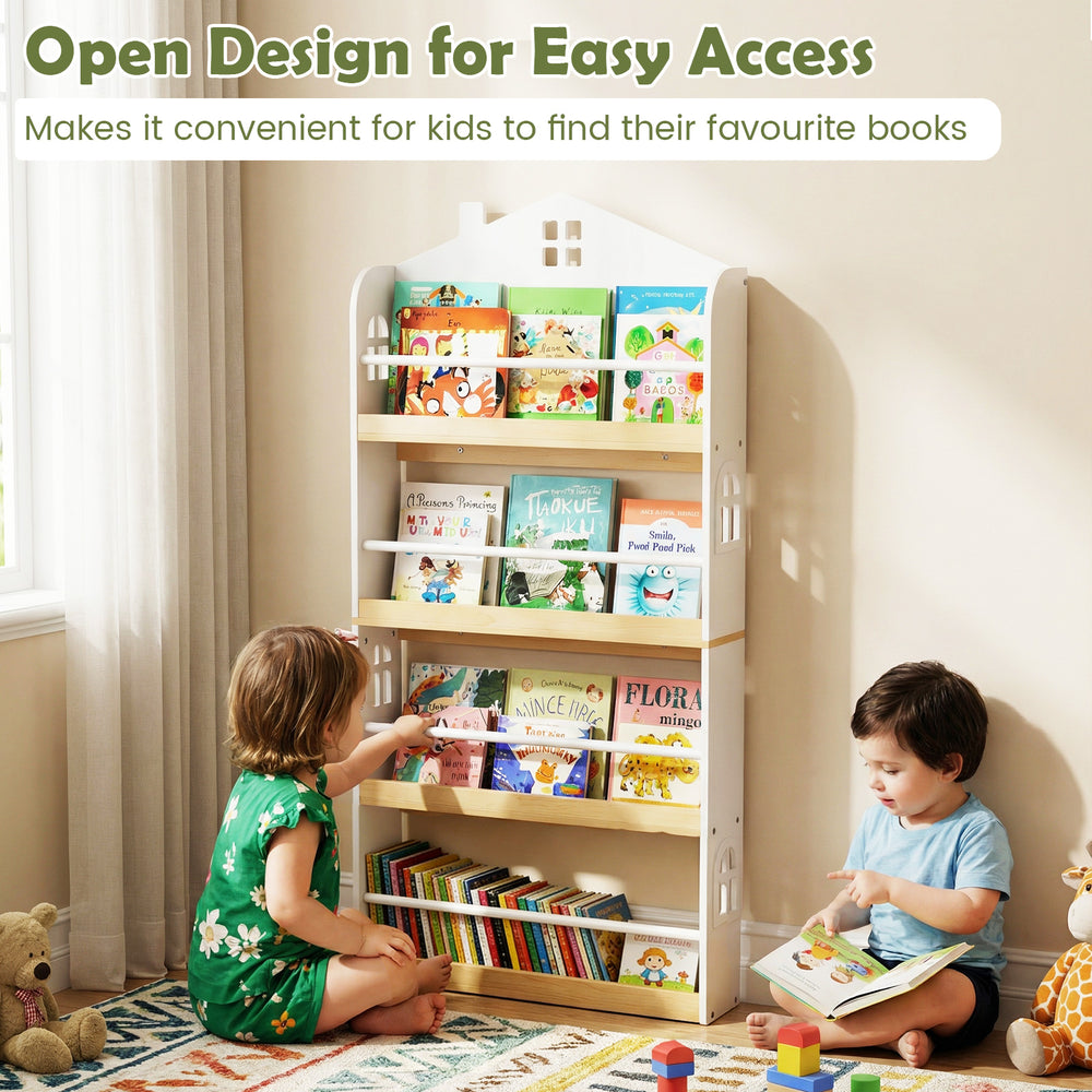 House-shaped kids bookshelf with anti-falling baffles, 4-tier design for easy access and organized book storage.