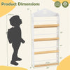 House-shaped kids bookshelf in white with 4 tiers and anti-falling baffles, ideal for playroom or nursery organization.